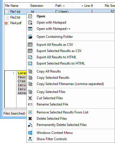 FileSeek Result Context Menu