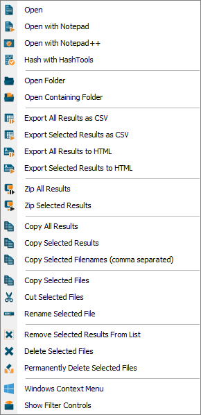 FileSeek Results Menu