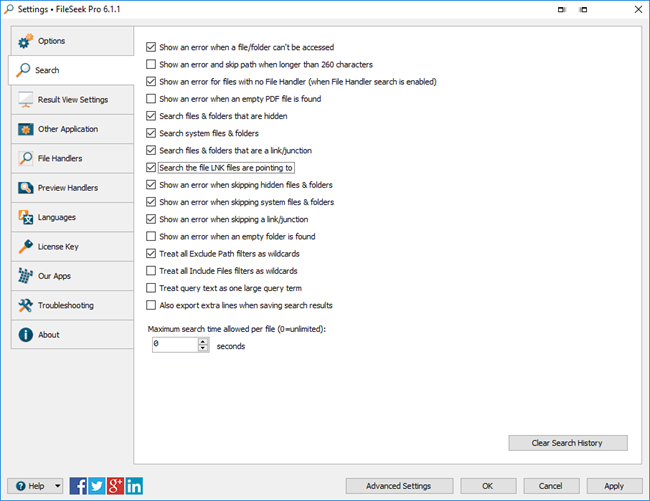 FileSeek Settings Search Tab
